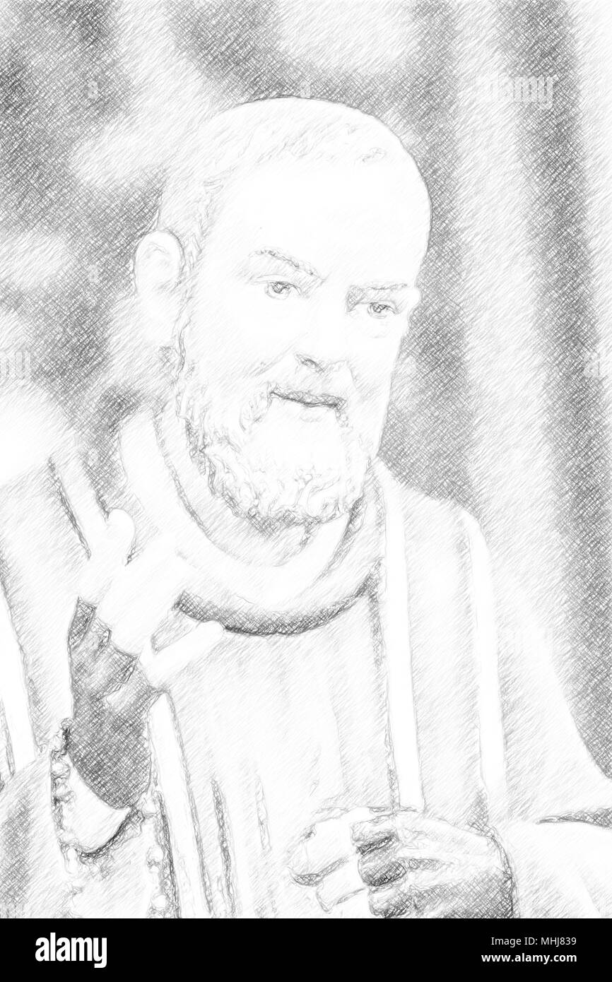 Ilustración del Santo Padre Pío con sus manos enguantadas para cubrir los  estigmas sujetando un rosario Fotografía de stock - Alamy