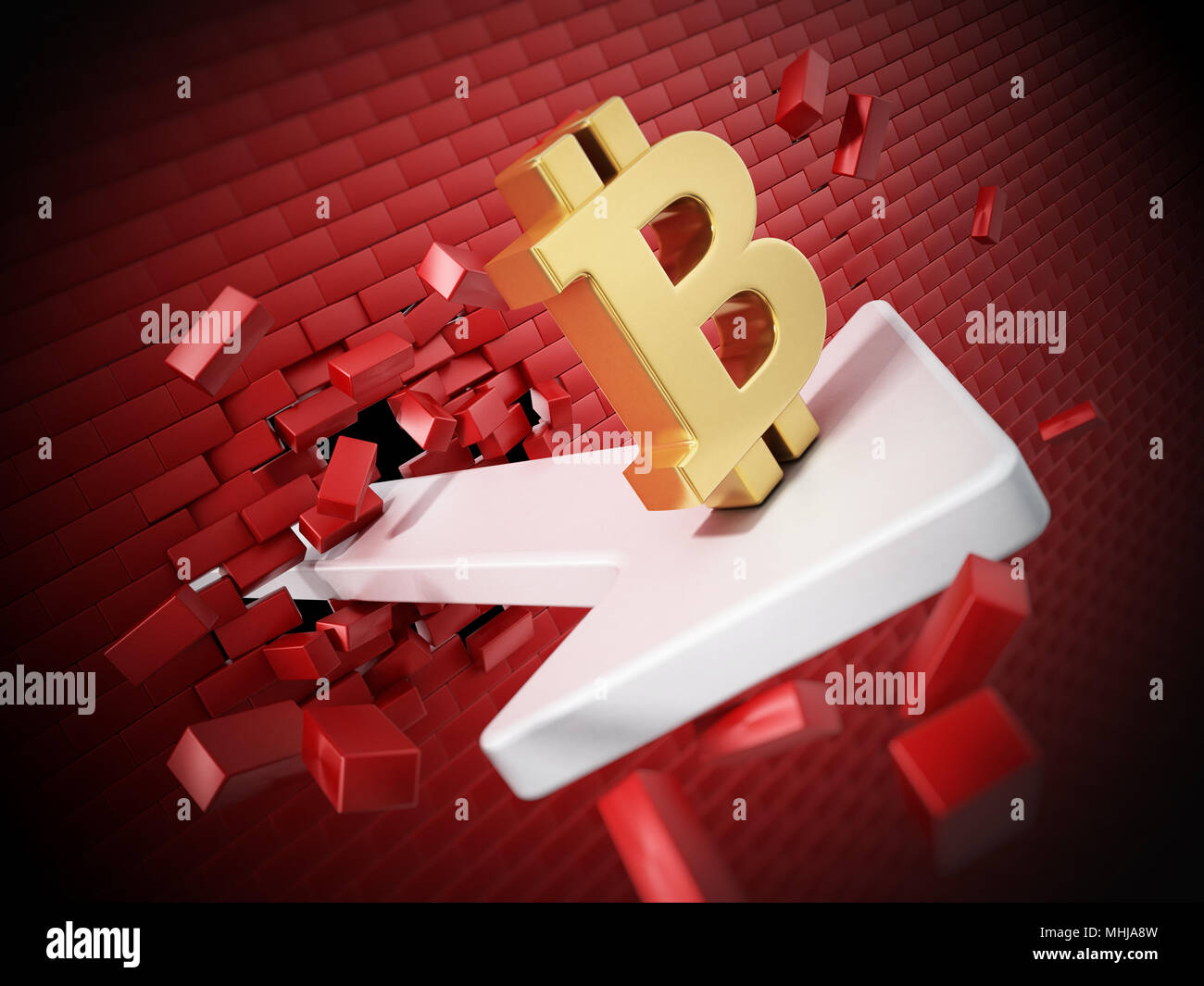 Símbolo Bitcoin en la flecha la destrucción del muro. Ilustración 3D. Foto de stock