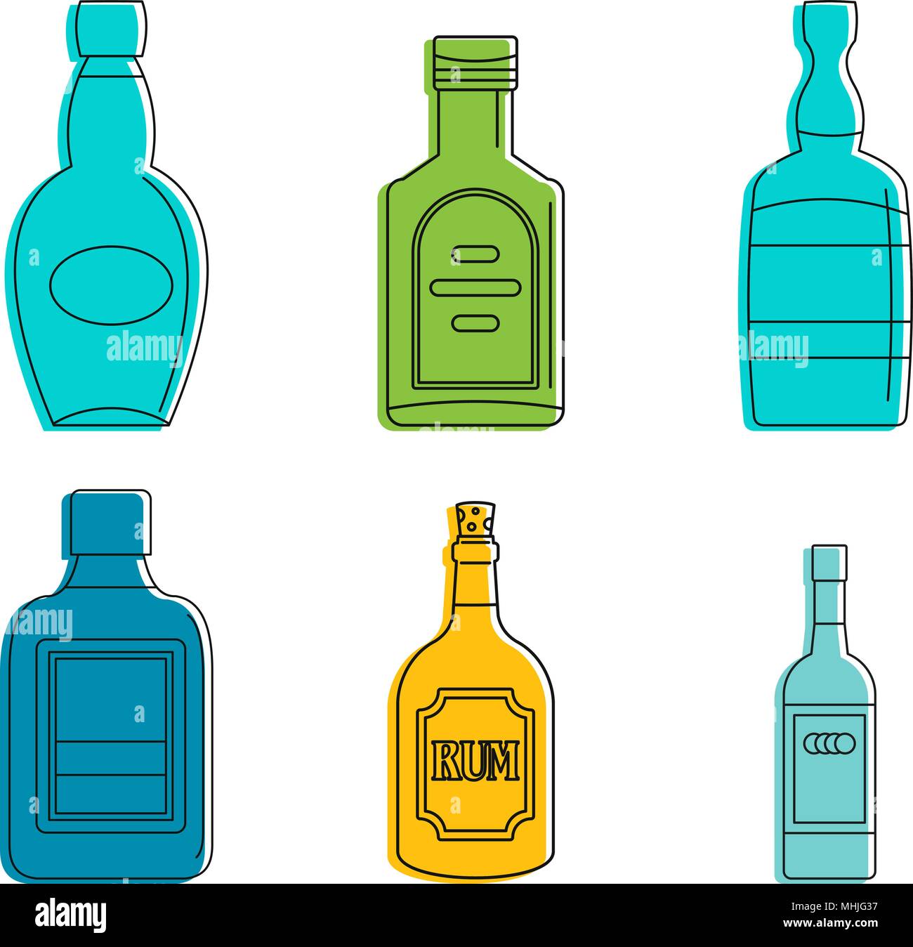 Botella de ron un conjunto de iconos de color, estilo de esquema Ilustración del Vector