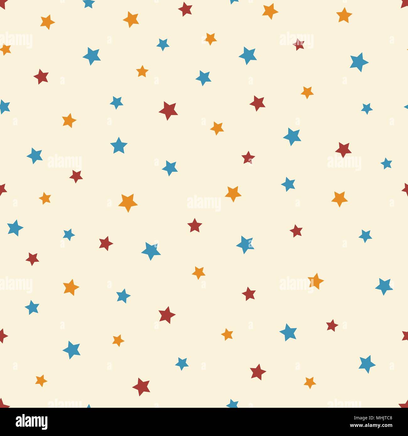 Abstractos vectores estrellado en el patrón perfecto de fondo de color beige. Lindo azul, rojo y naranja estrellas. Ilustración del Vector