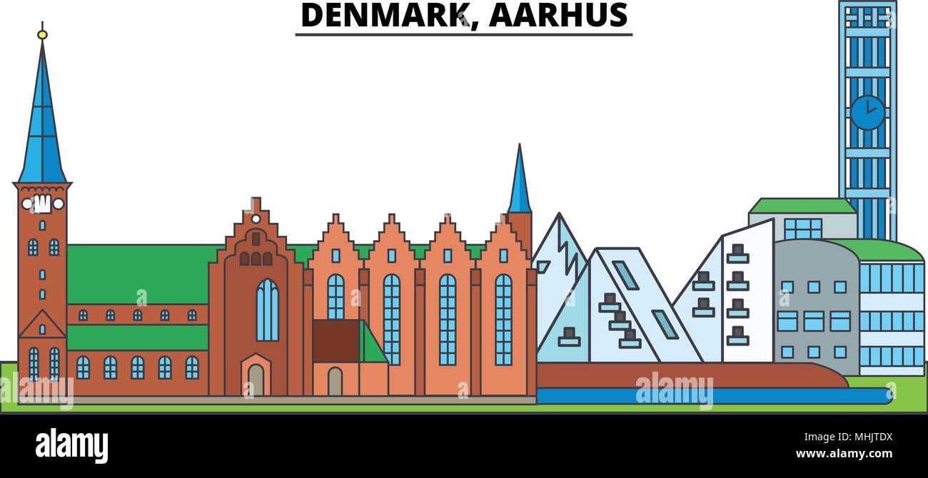 Dinamarca, Aarhus. El horizonte de la ciudad, arquitectura, edificios, calles, silueta, paisaje, panorama, monumentos. Trazos editable. Línea de diseño plano ilustración vector concepto. Iconos aislados Ilustración del Vector