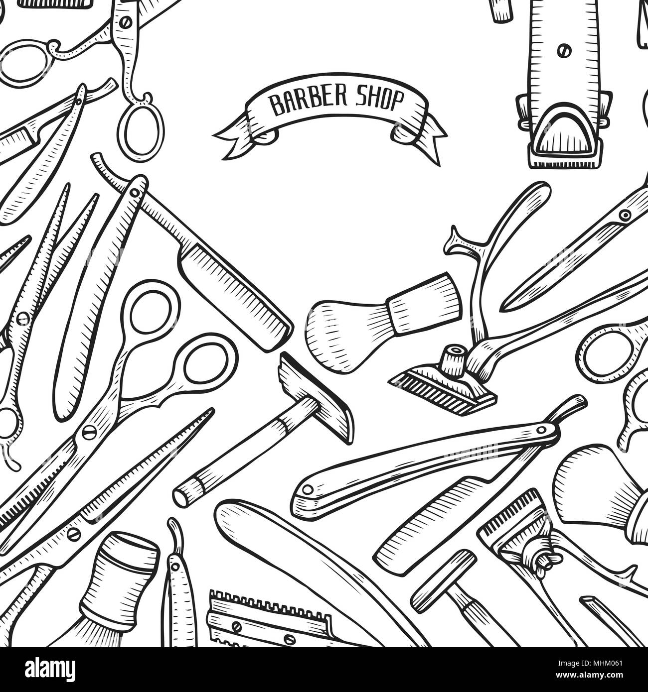 barbería. fondo de accesorios de peluquería. ilustración dibujada a mano  Imagen Vector de stock - Alamy