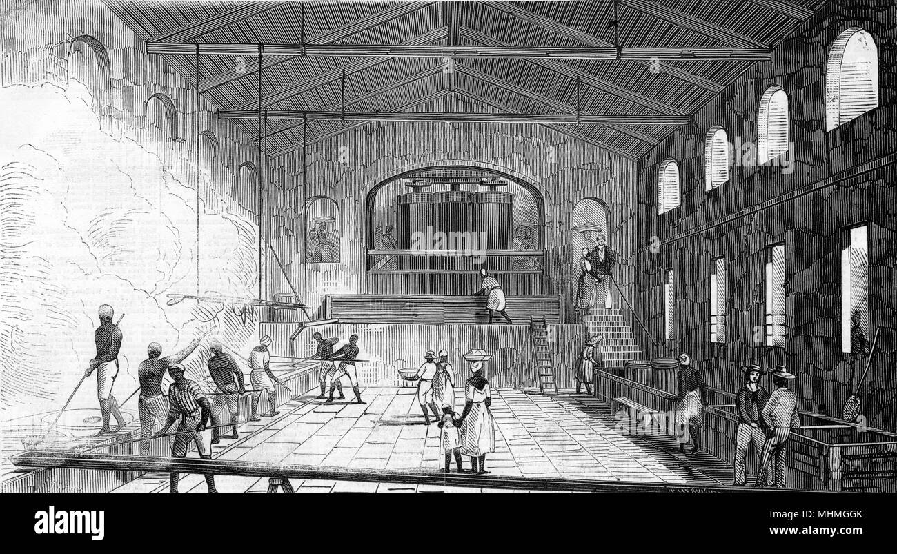 Interior de una casa hirviendo azúcar, Jamaica, West Indies Fecha: 1849 Foto de stock