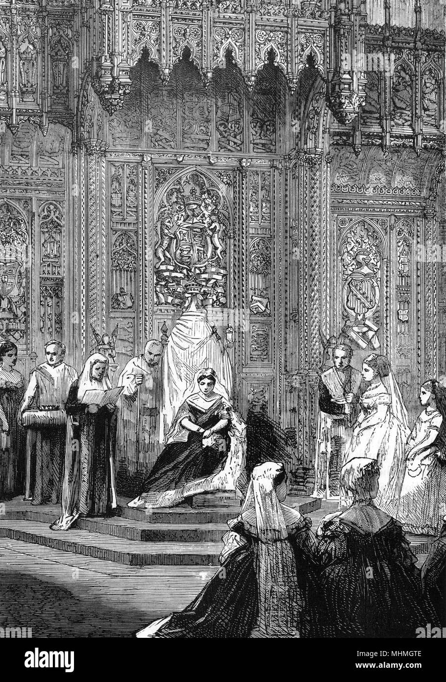 La reina Victoria asiste a la ceremonia de apertura del Parlamento. El discurso de la reina es leer a los allí reunidos los señores y miembros. Fecha: 1871 Foto de stock