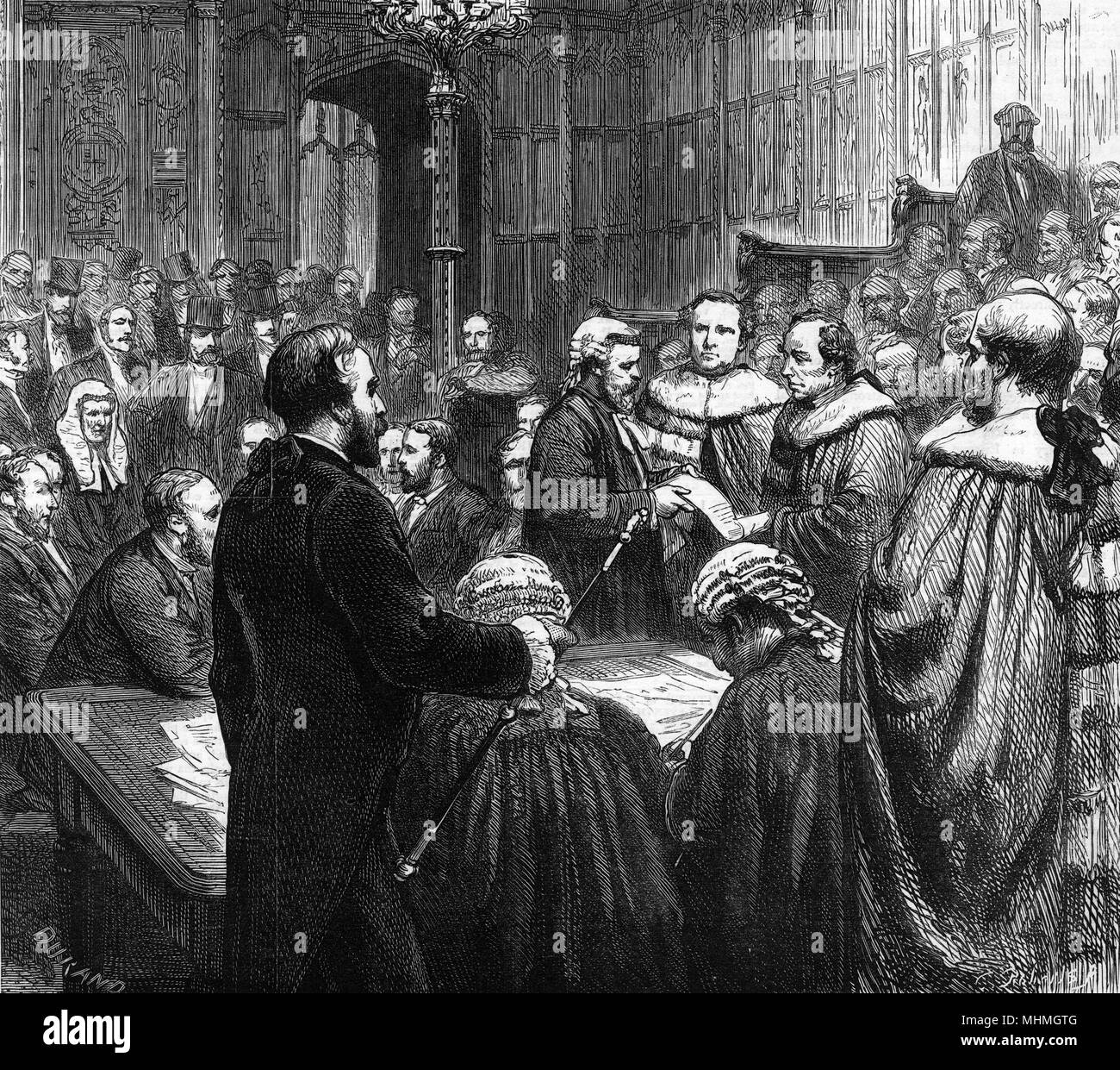Disraeli está enlistada en la Cámara de los Lores como el conde de Beaconsfield Fecha: 15 de febrero de 1877 Foto de stock