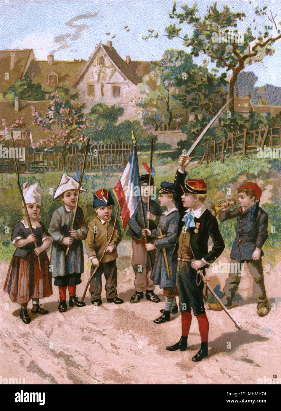 Un incipiente Bonaparte invita a sus tropas para saludar el tricouleur, agitando su espada mientras un corneta golpes Fecha: circa 1880 Foto de stock