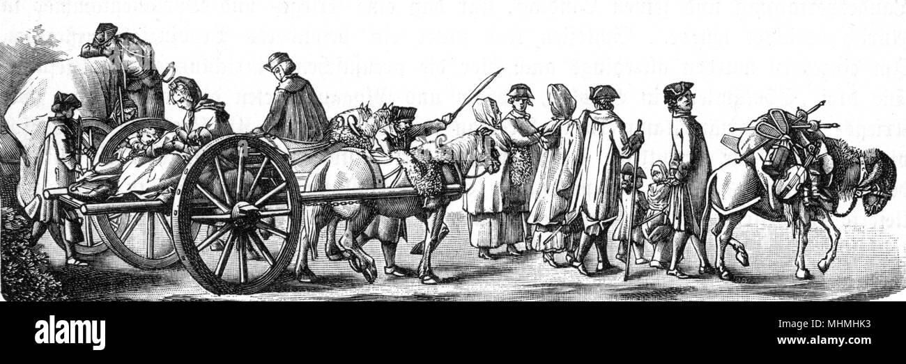 Alarmado por los ataques a sus bienes y a sí mismos, nobles emigran, generalmente a Alemania y Suiza Fecha: circa 1790 - 1791 Foto de stock