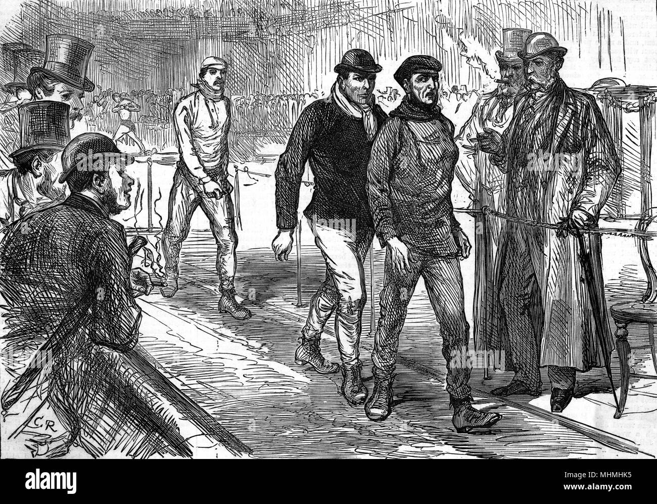 El acabado de los seis días de carrera pedestre celebrada en la Agricultural Hall, Islington Fecha: 1878 Foto de stock