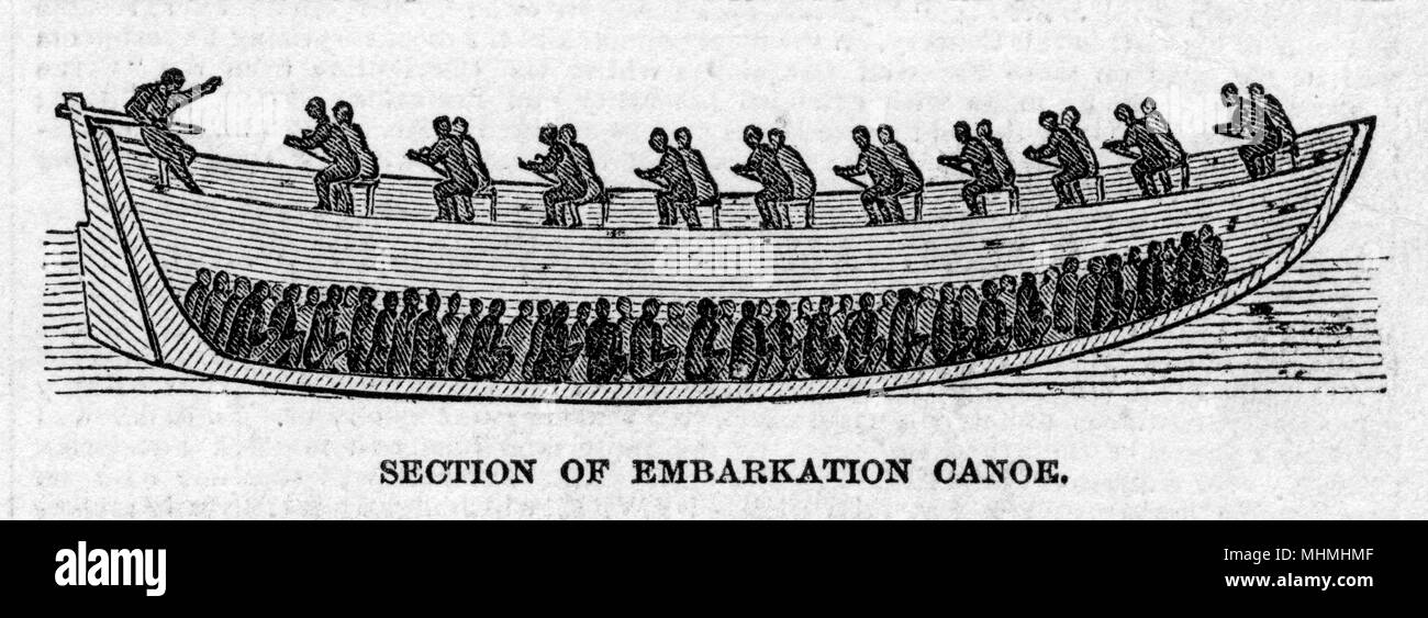Cómo los esclavos de África occidental están guardados en el embarque canoa que llevarlos a las aguas más profundas donde los barcos de esclavos están esperando Fecha: 1849 Foto de stock