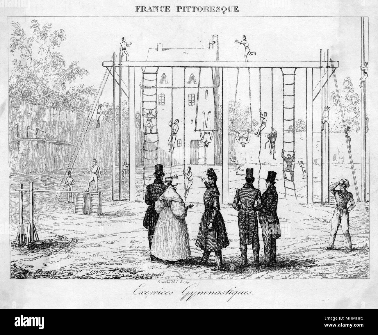 Los jóvenes franceses que participan en ejercicios de gimnasia sobre cuerdas, escaleras y bares Fecha: 1830 Foto de stock