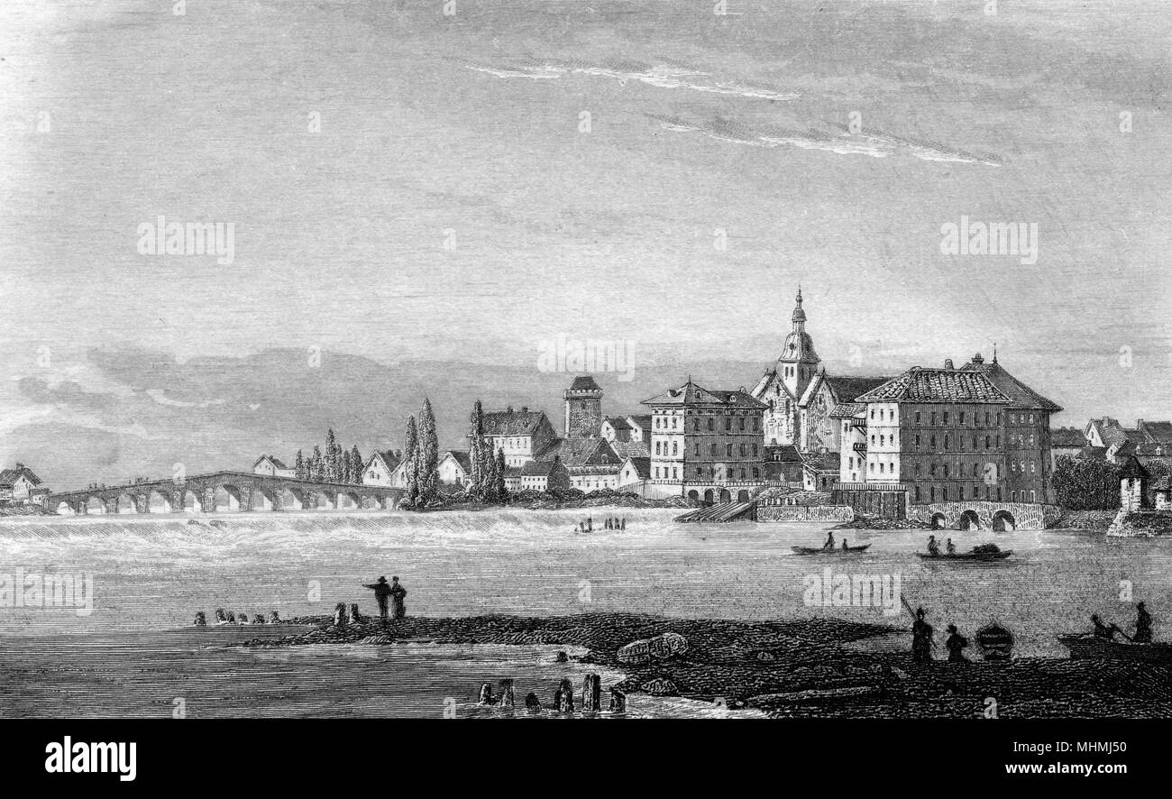 Un puerto fluvial en el Saone Fecha: circa 1830 Foto de stock