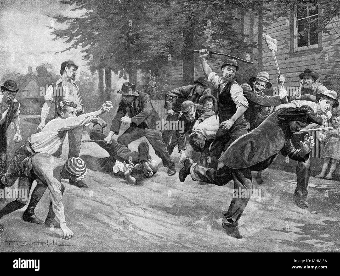 Un vagabundo sufre "una lección de madera", como él es expulsado de una ciudad estadounidense. Fecha: 1894 Foto de stock