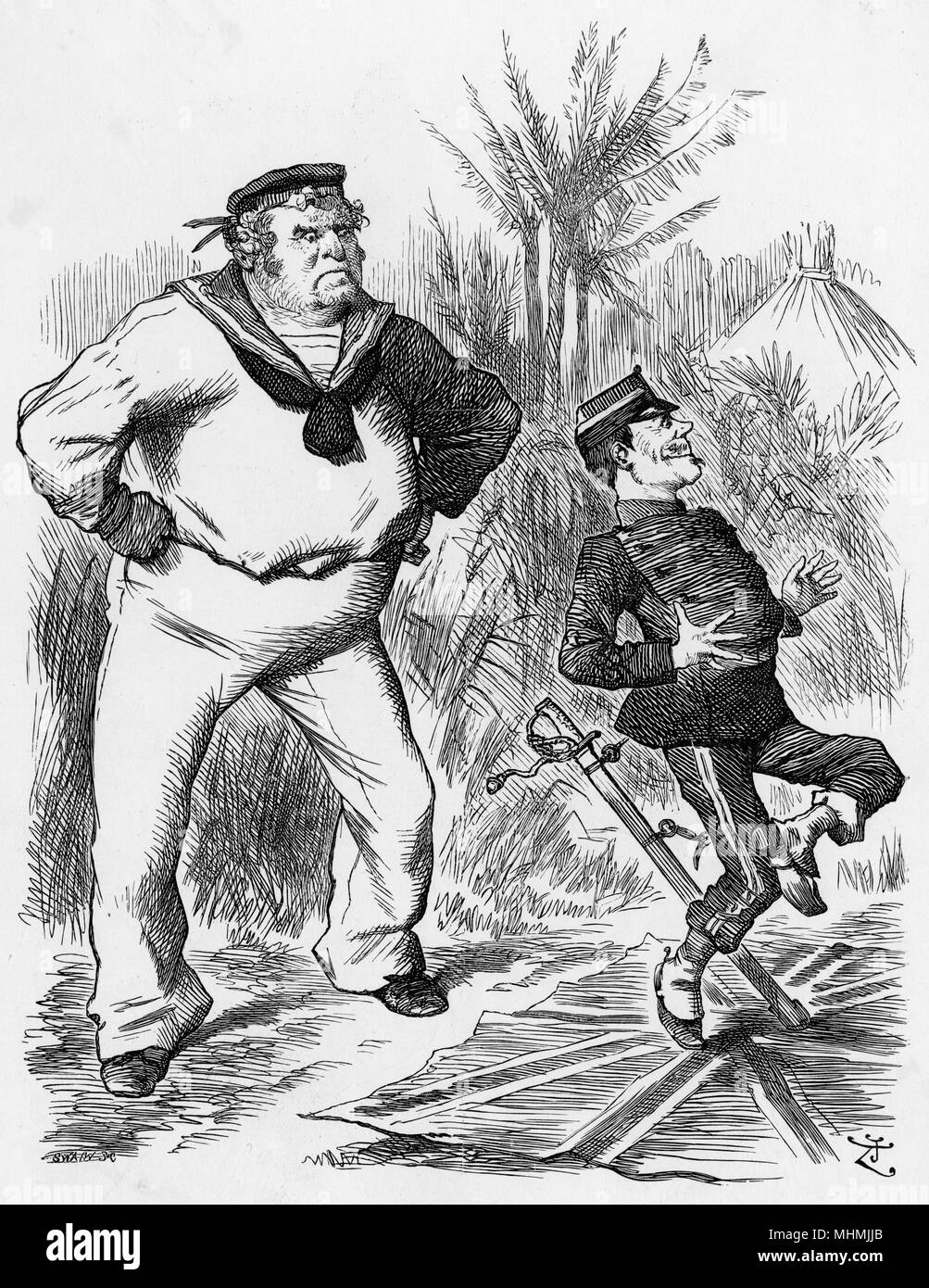 'Plain English' John Bull, en el uniforme de marinero, amenaza a una figura francesa bailando en la bandera de la Unión Fecha: 1890 Foto de stock
