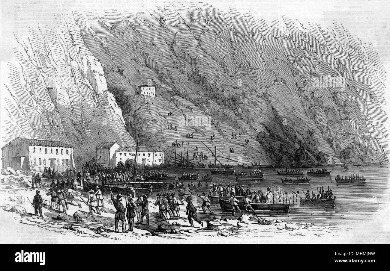 Parte de Garibaldi del 'Ejército nacional' (redshirts) de tierras en el Marina di Palmi, Calabria. Fecha: Agosto de 1860 Foto de stock