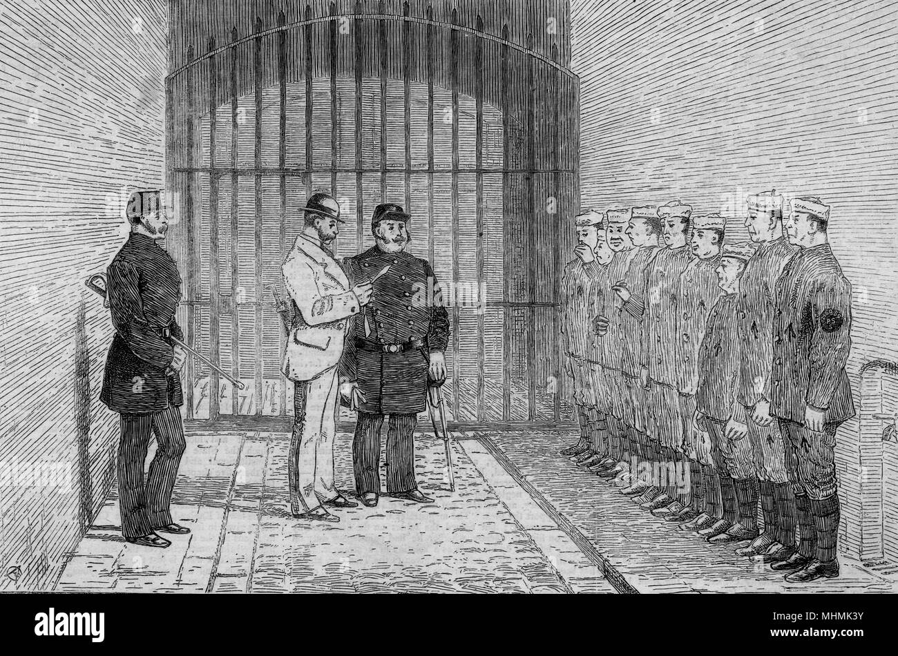 La recepción de nuevos prisioneros en la cárcel de Portsmouth. Fecha: 1873 Foto de stock