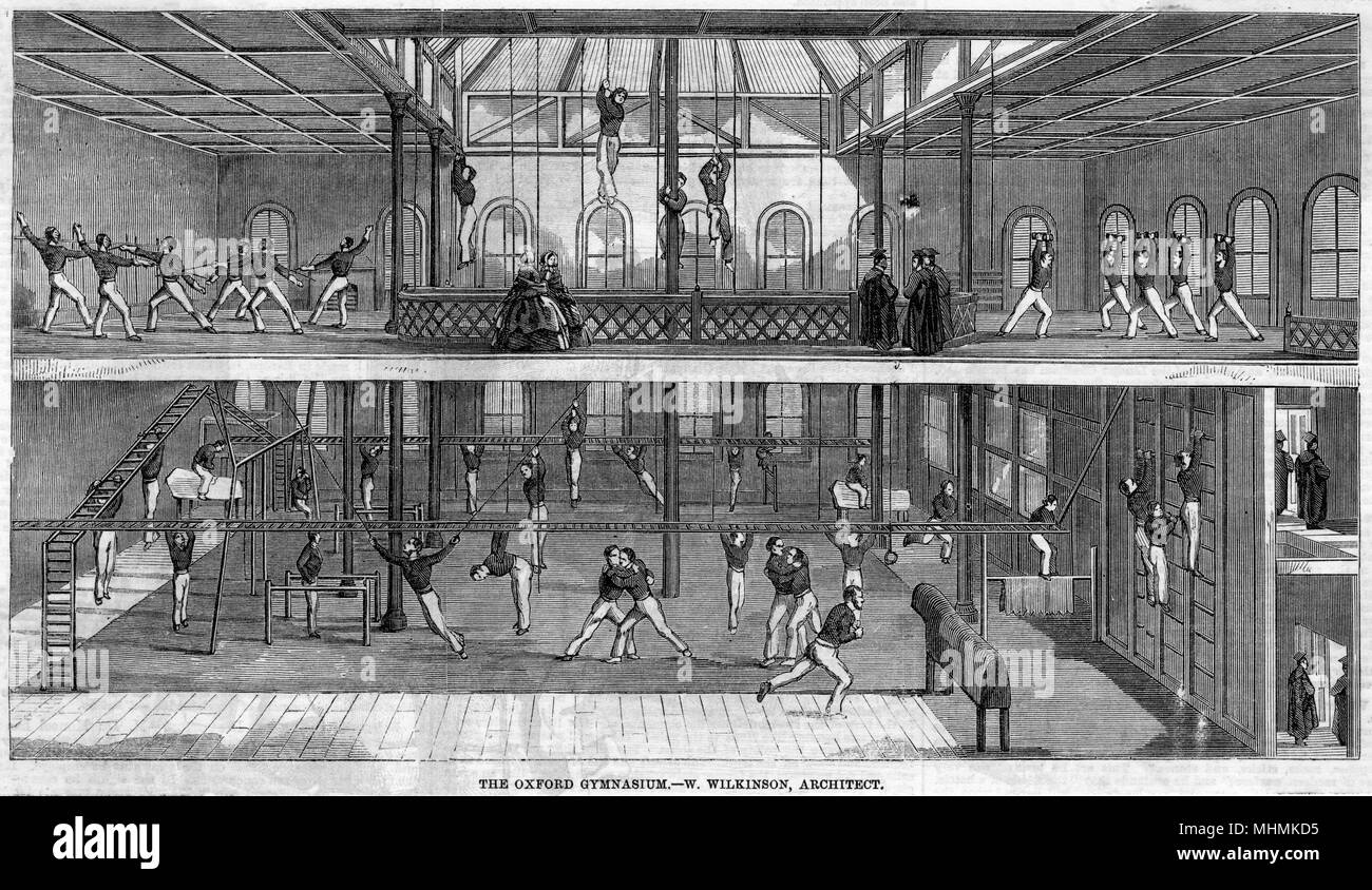 Diversas actividades en curso en el gimnasio de Oxford, incluyendo alpinismo, esgrima, halterofilia y lucha libre. Fecha: 1859 Foto de stock