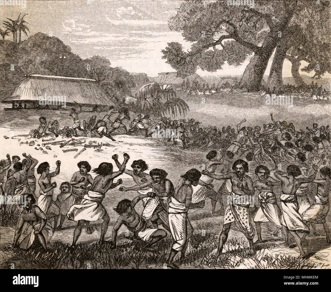 Pugilism en el Pacífico como una multitud de Tonga remolque remolque pelea durante el festival. Fecha: 1870 Foto de stock