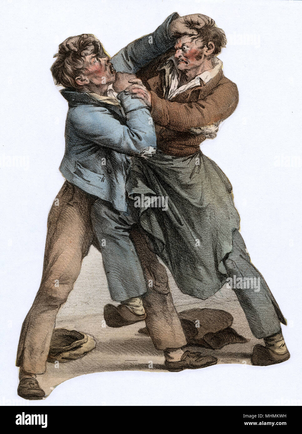 Dos hombres lidiar el uno con el otro en la calle. Fecha: circa 1840 Foto de stock