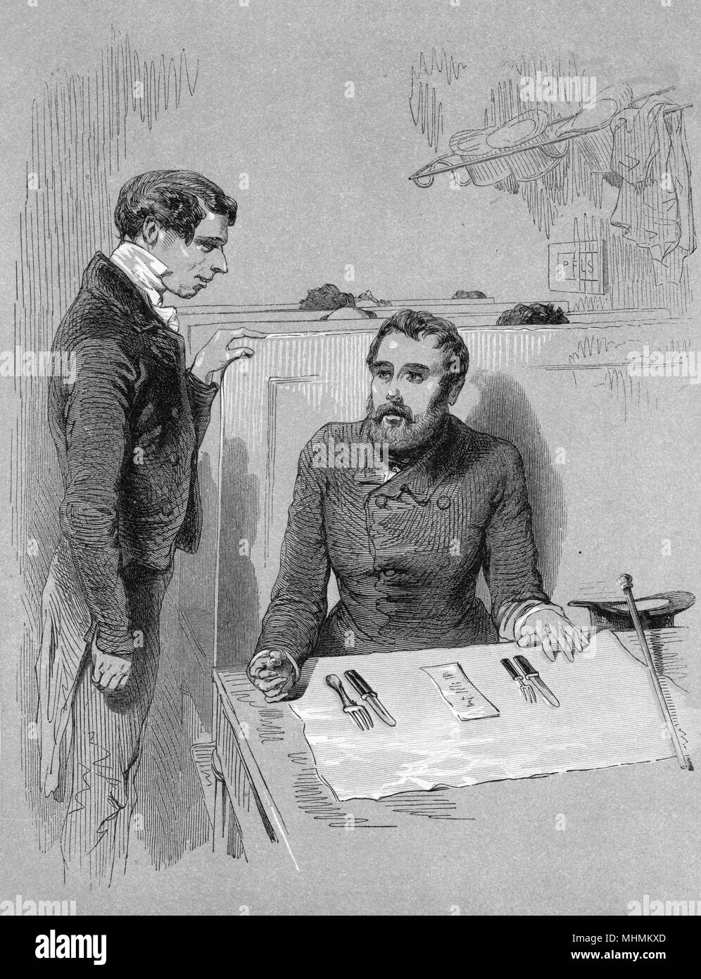 Un extranjero luchas para pedir una comida en un restaurante. Fecha: 1849 Foto de stock