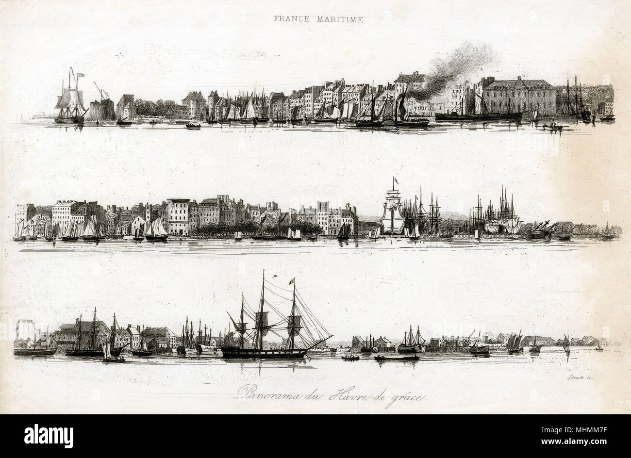 Vista panorámica de la costa en Le Havre : sólo uno steamboat es evidente entre los envíos. Fecha: circa 1835 Foto de stock