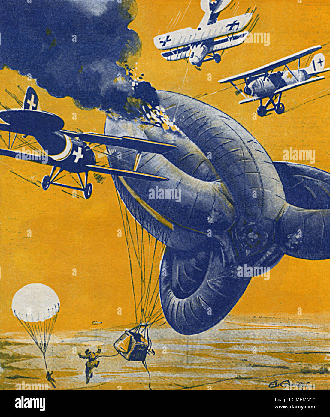 'En caliente por un tiempo "salchicha". Un globo de observación británico es derribado por aviones enemigos durante la Primera Guerra Mundial. Los ocupantes de su cesta ha saltado a esperanza con seguridad sus globos, llamados bellotas debido a su forma cuando se despliega y colgando sobre el borde del canasto. Fecha: 1932 Foto de stock