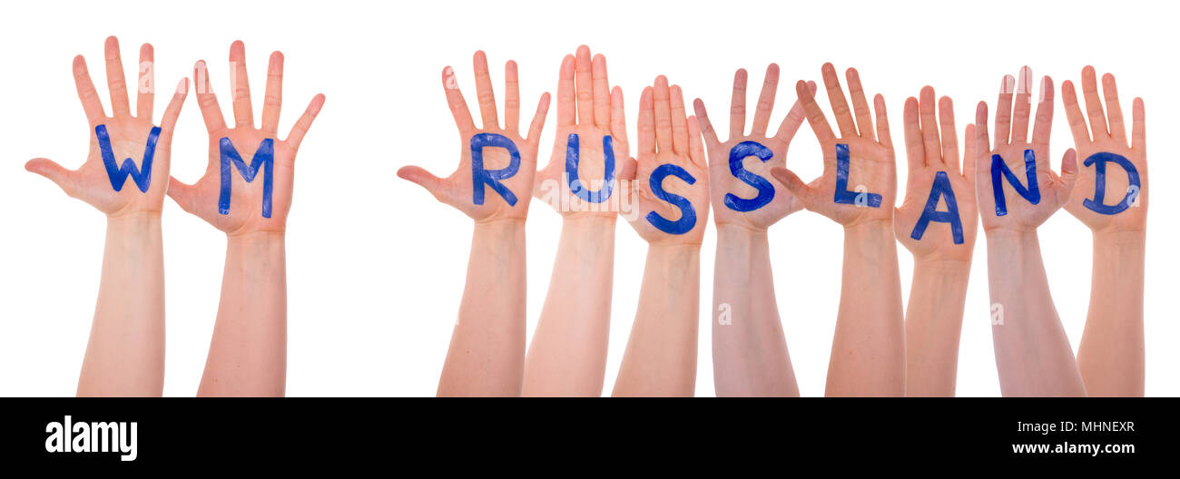 Manos con WM Russland significa Rusia 2018, aislado Foto de stock