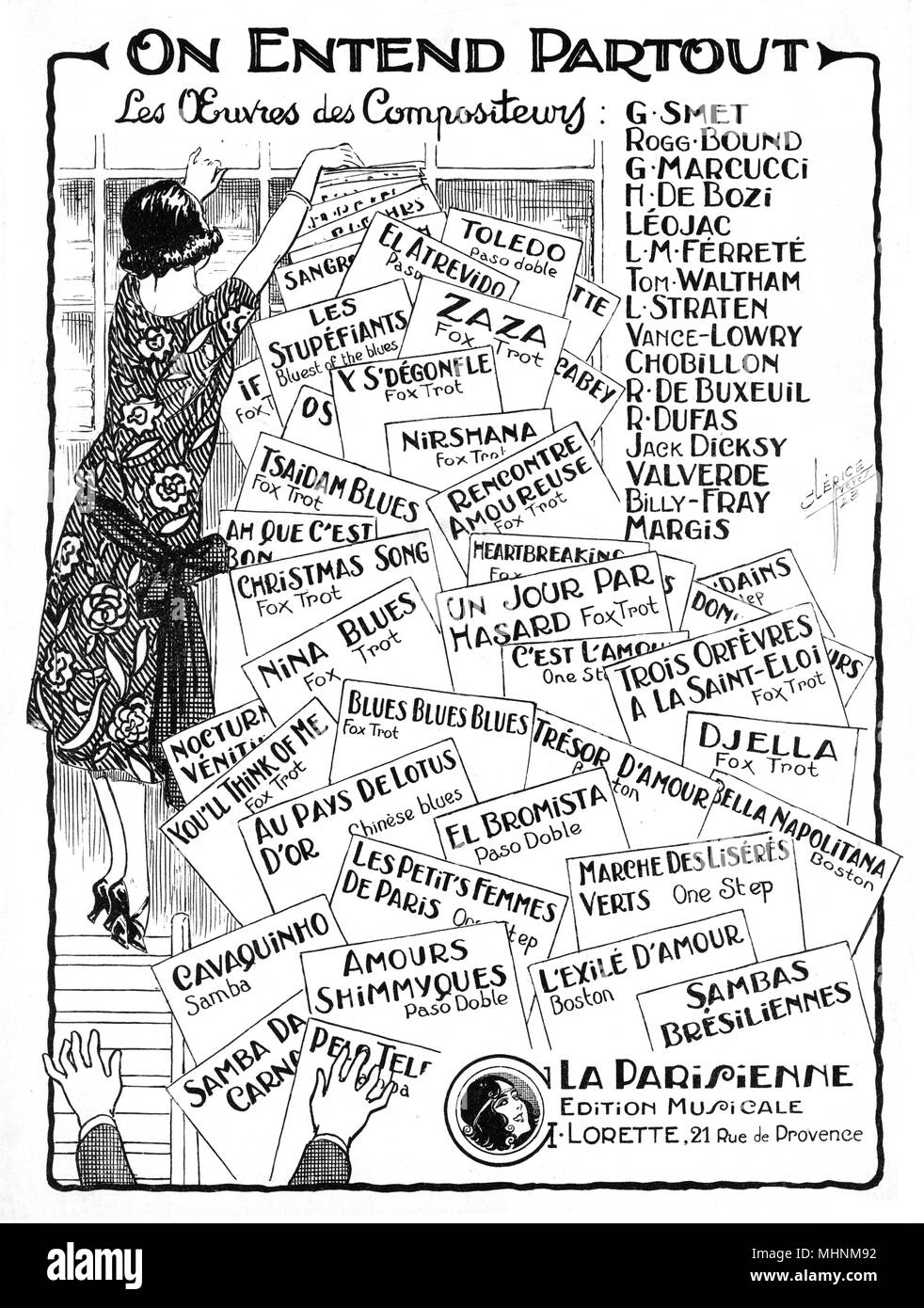 "Entend Partout" - Música cubierta de la hoja. Una ilustración de una mujer francesa y mucho los papeles con las manos en la parte inferior izquierda que quiere recoger los documentos. Fecha: circa siglo xx Foto de stock