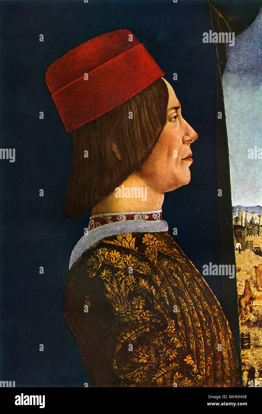 Retrato de perfil de pintura sobre madera de Giovanni II Bentivoglio por Ercole Roberti (c.1456-1496). Fecha: circa 1480 Foto de stock