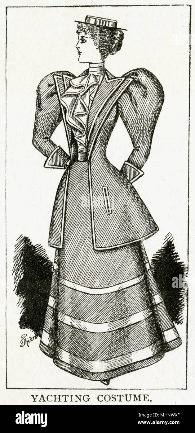 Mujer vistiendo un traje con mangas gigot yachting Chaqueta Culotte, camiseta y petit lancheros hat. Fecha: 1897 Foto de stock
