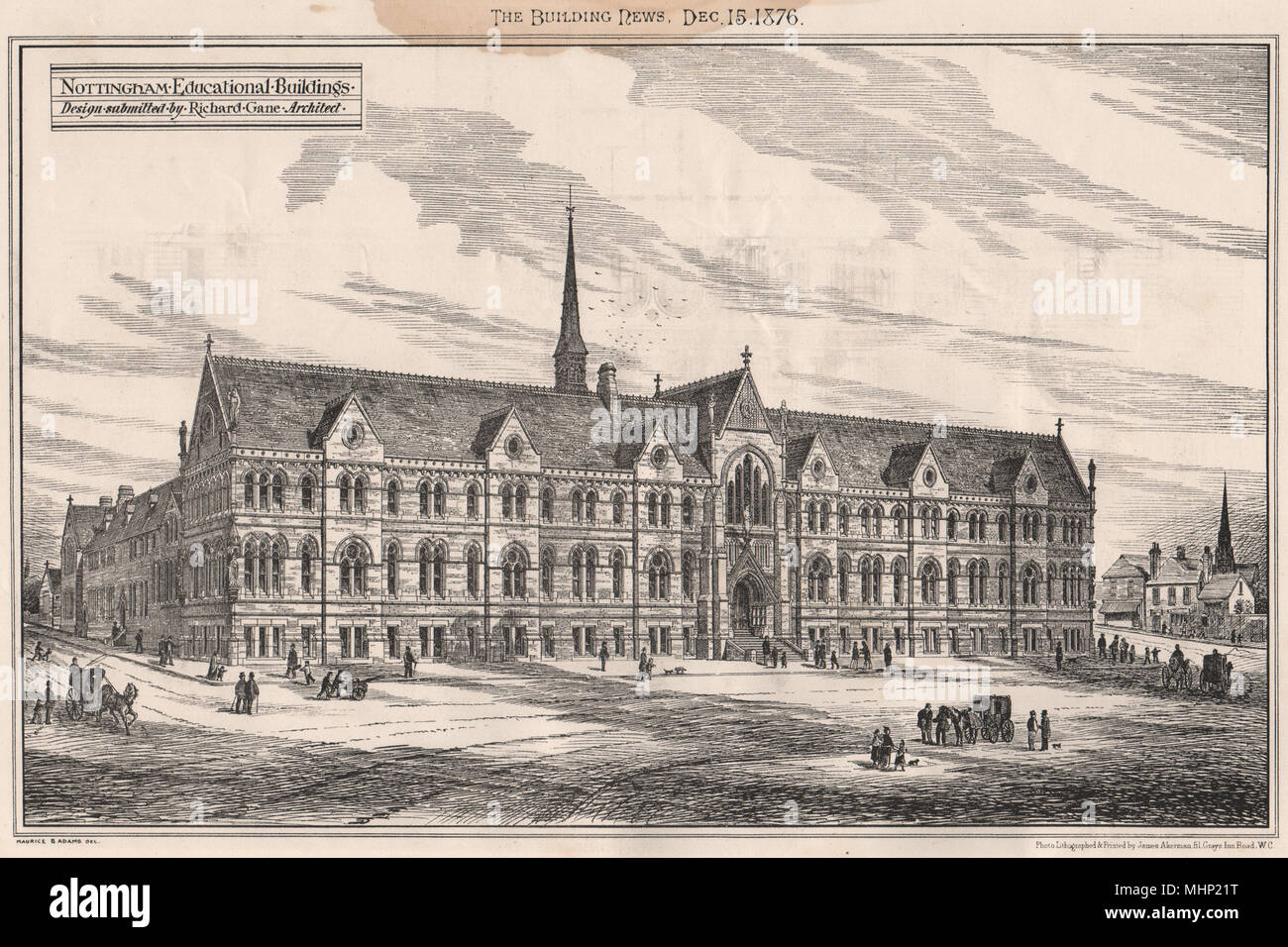 Nottingham edificios educativos; diseño presentado por Richard Gane Archt 1876 Foto de stock