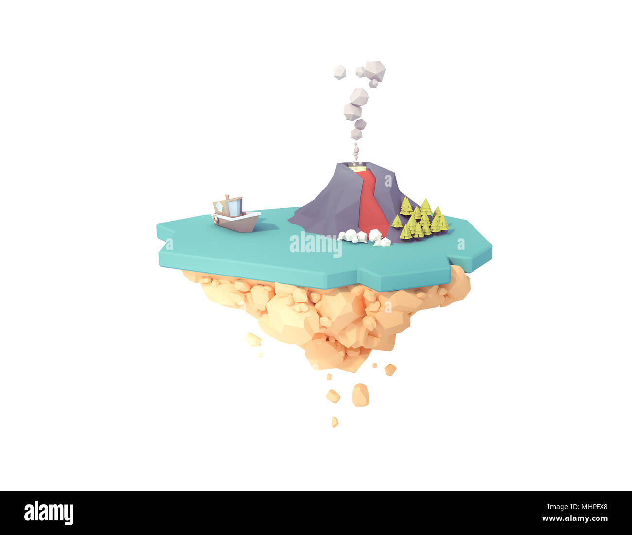 Aislada isla volcánica en isla flotante 3D ilustración. low poly arte minimalista estilo.activo volcán inactivo paisaje en medio del océano. Foto de stock