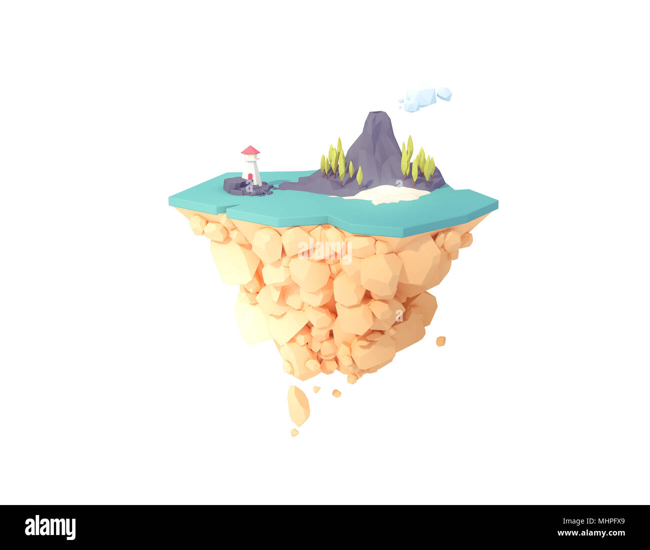 Aislada isla volcánica en isla flotante 3D ilustración. low poly arte minimalista estilo.activo volcán inactivo paisaje en medio del océano. Foto de stock