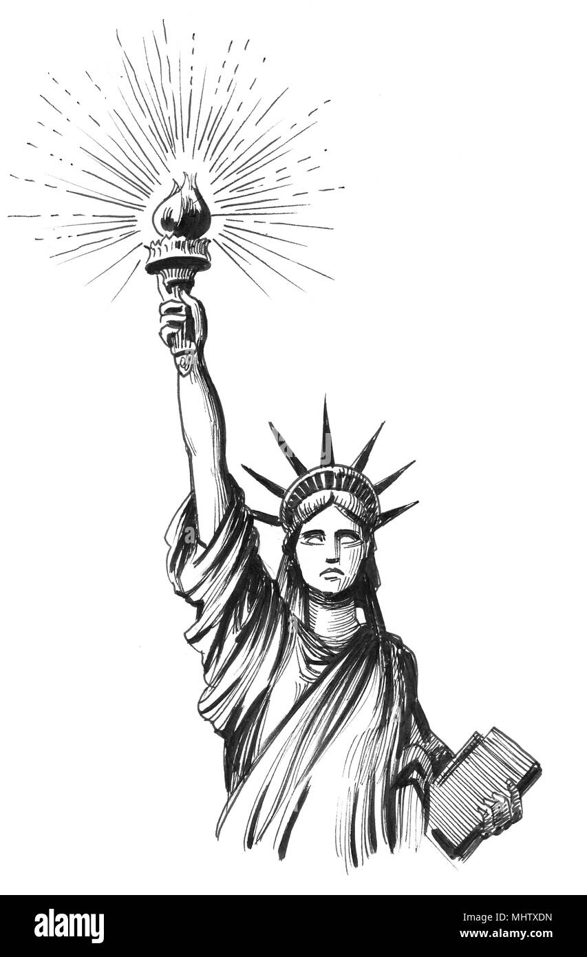 Dibujo en blanco y negro de la tinta de la Estatua de la libertad.  Ilustración en blanco y negro de tinta Fotografía de stock - Alamy