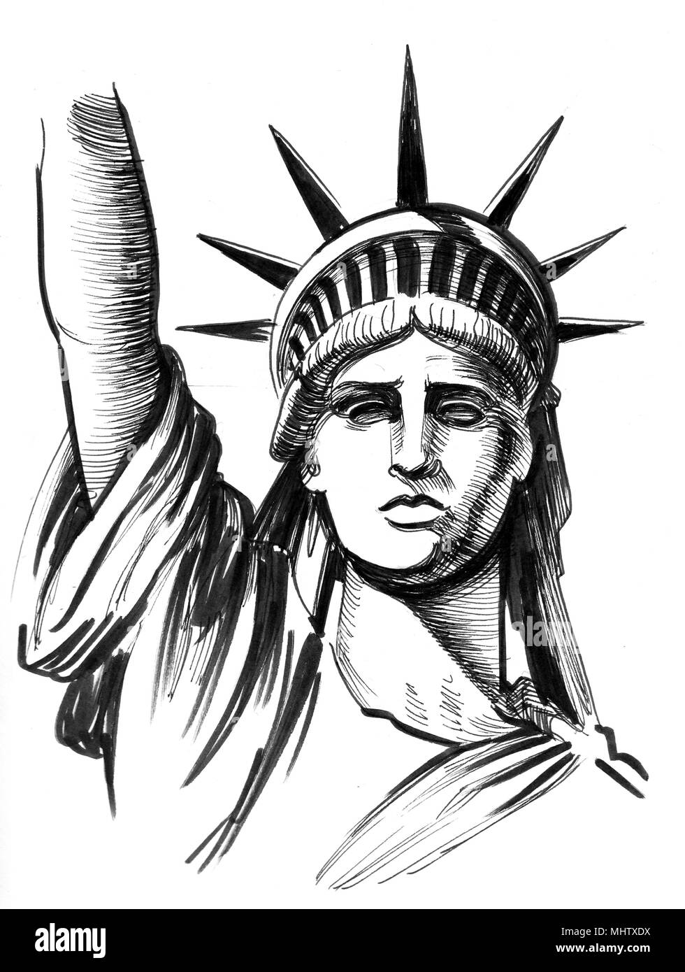 La estatua de la libertad. Ilustración en blanco y negro de tinta
