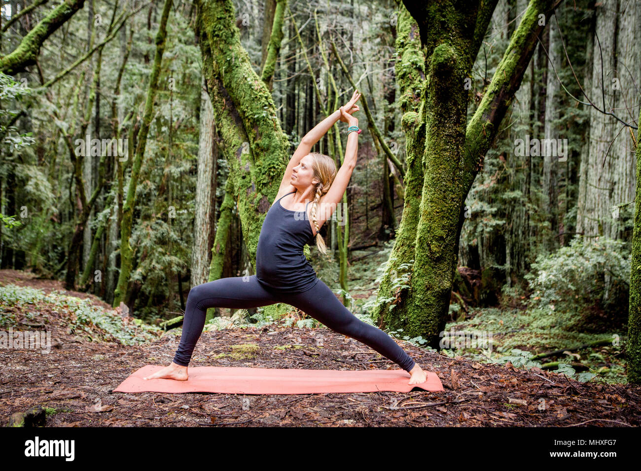 Mujer joven practicando yoga guerrero plantean en el bosque Foto de stock