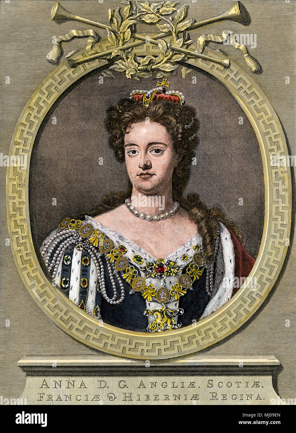Anne, Reina de Gran Bretaña e Irlanda, 1700. Grabado pintado a mano Foto de stock