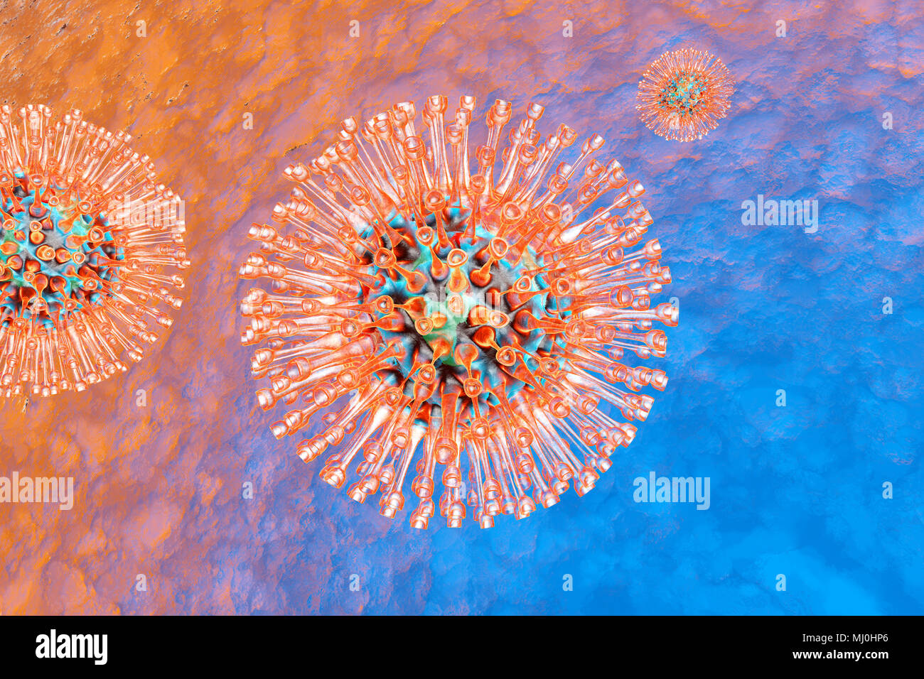 Visualización médica de un grupo de virus del herpes. Ilustración 3D. Foto de stock
