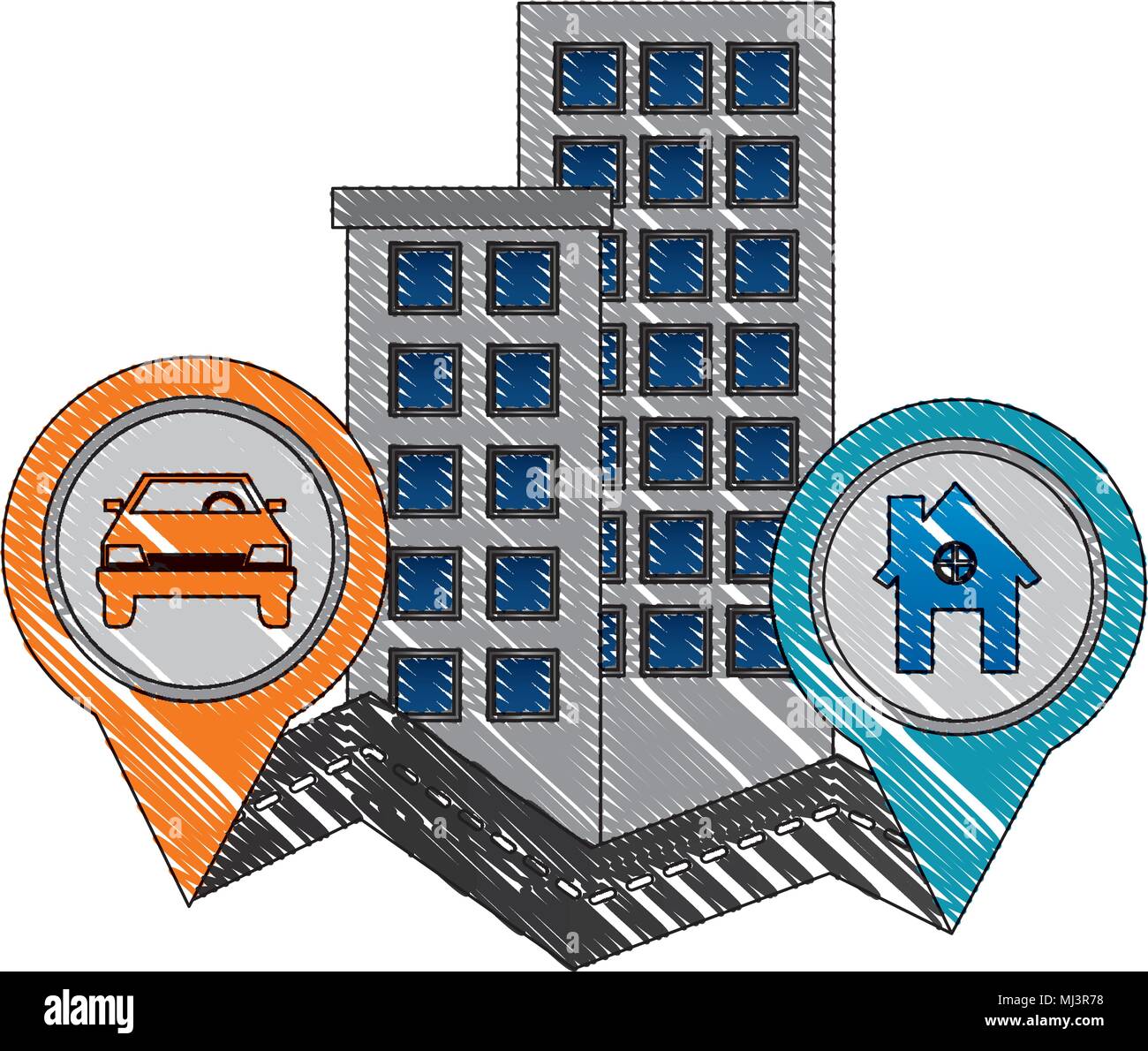 Ruta de navegación móvil GPS tracker home alquiler de edificios dibujo  ilustración vectorial Imagen Vector de stock - Alamy