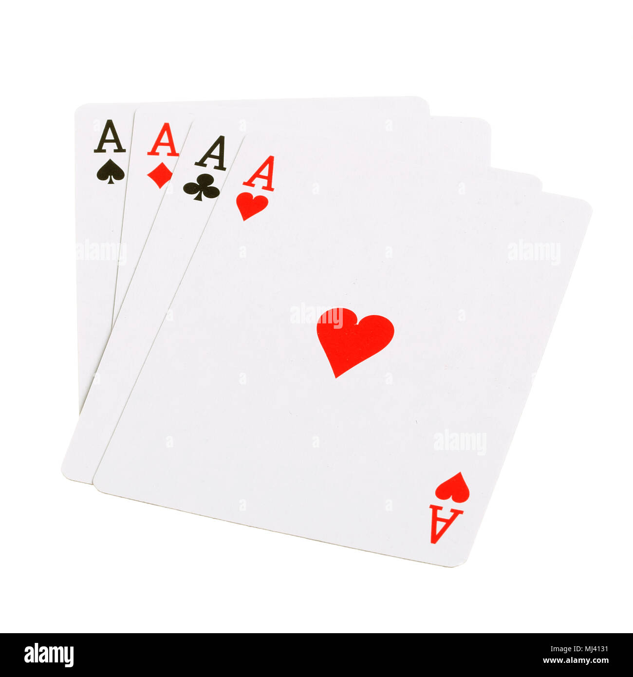 Cuatro ases de una baraja de cartas con el as de corazones en la parte superior aislado sobre fondo blanco. Foto de stock