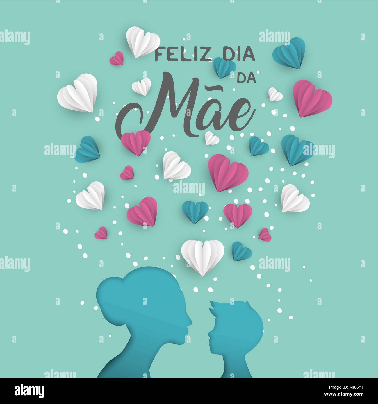 Feliz día de la madre tarjeta de felicitación ilustración en idioma  portugués. Cortar papel rosa mamá y Little Boy silueta recorte con forma de  corazón 3D p Imagen Vector de stock -
