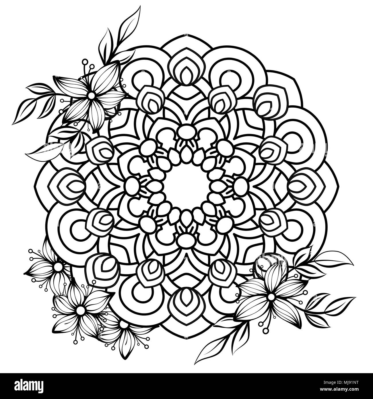 Mandala patrón floral en blanco y negro. Libro para colorear de adultos  página con flores y mandalas. Patrón orientales, vintage elementos  decorativos Imagen Vector de stock - Alamy