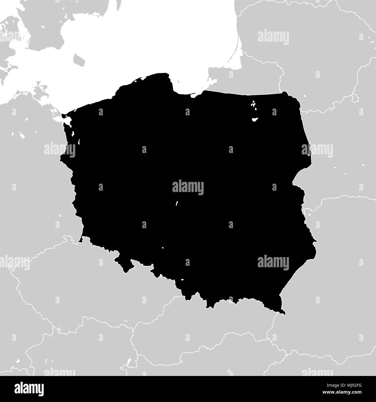 Polonia con los países europeos vecinos. alto Mapa vector detallada - monócromo Ilustración del Vector