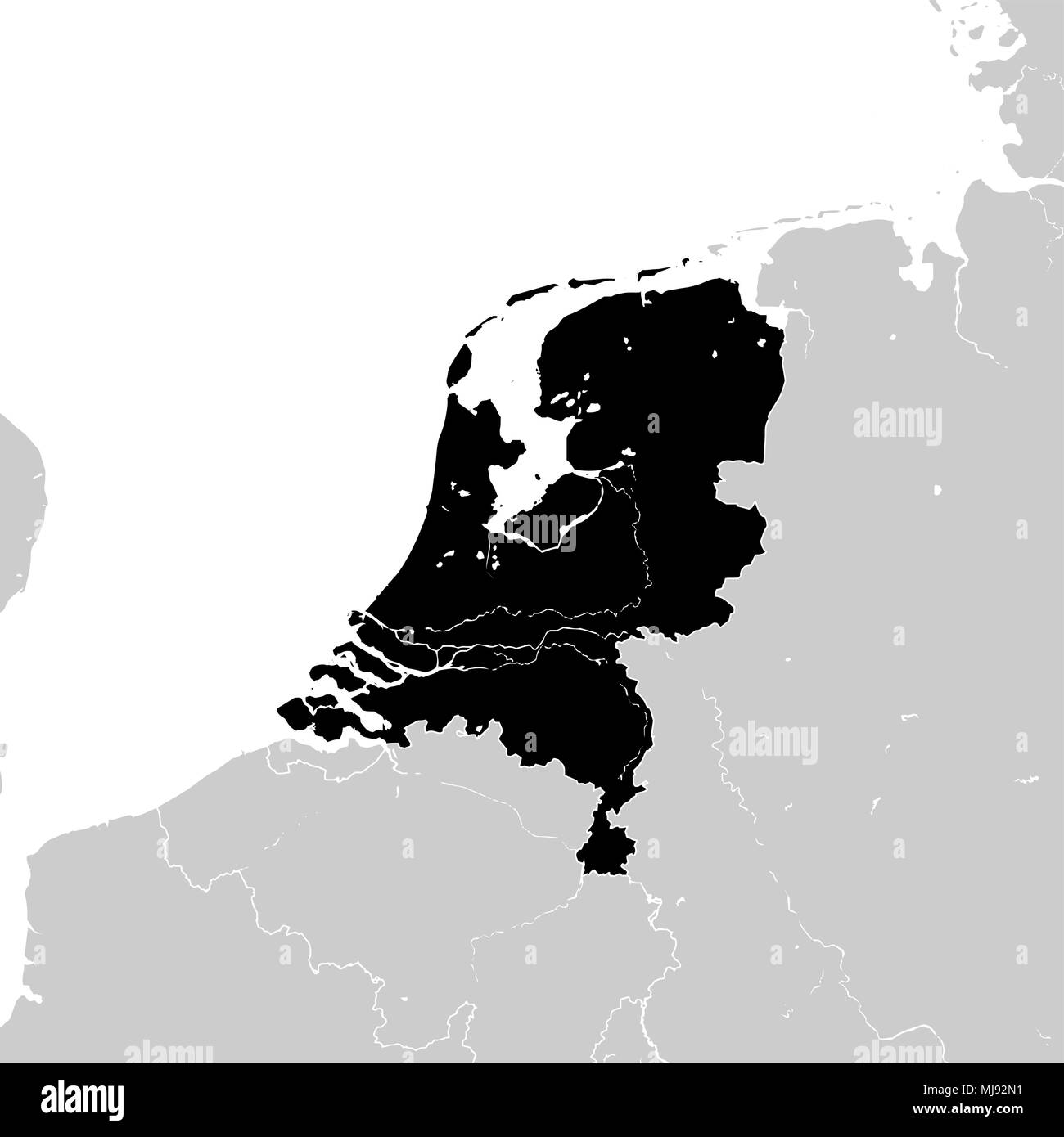 Países Bajos con los países europeos vecinos. alto Mapa vector detallada - monócromo Ilustración del Vector