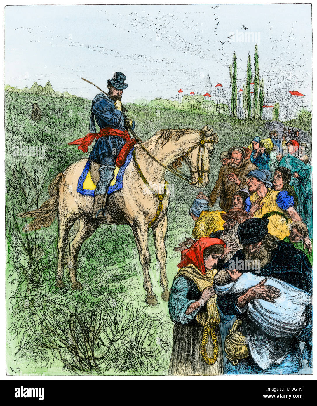 Henri de Navarre trayendo aldeanos hambrientos para ser alimentados durante una hambruna en Francia. Xilografía coloreada a mano Foto de stock