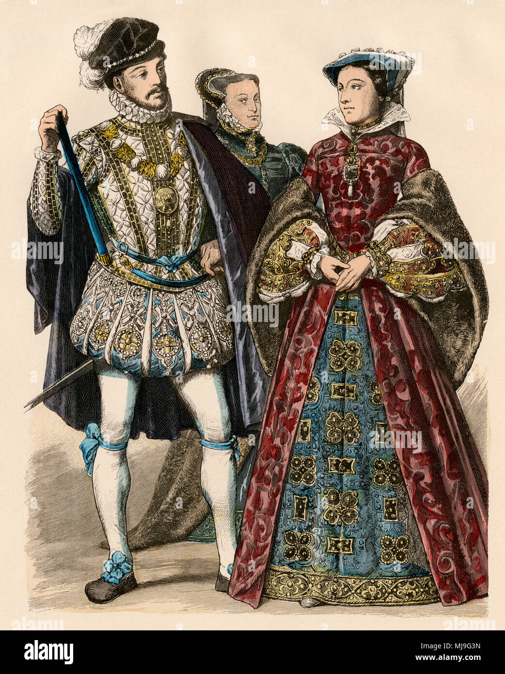 María, Reina de los Escoceses, con su segundo esposo Lord Darnley, 1566. Mano de color imprimir Foto de stock