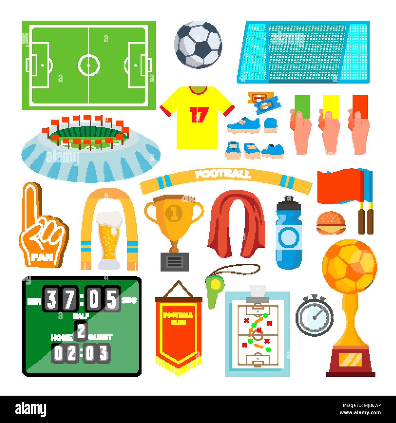 Iconos de fútbol Set Vector. Accesorios de fútbol. Bola, uniforme, Copa,  botas, marcador, Campo. Plano aislado Cartoon ilustración Imagen Vector de  stock - Alamy