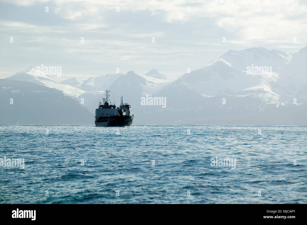 En den Frachter Vesteralen, Norwegen Foto de stock