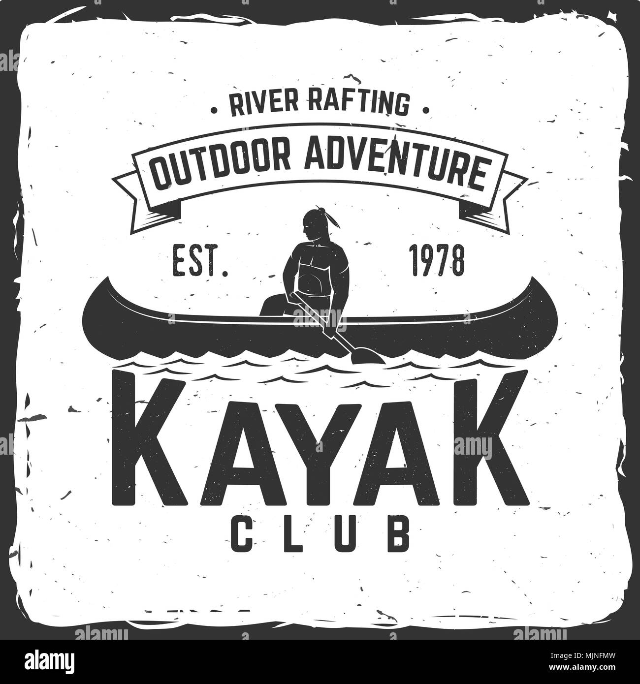 Kayak club. Ilustración vectorial. Concepto de camiseta, impresión, sellos o tee. Diseño con tipografía Vintage kayakista silueta. Deportes extremos. Ilustración del Vector