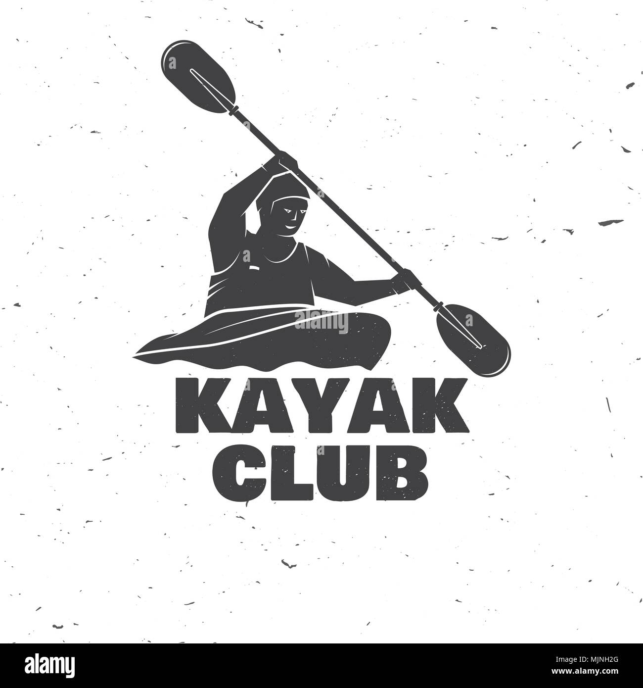 Kayak club. Ilustración vectorial. Concepto de camiseta, impresión, sellos o tee. Diseño con tipografía Vintage kayakista silueta. Deportes extremos. Ilustración del Vector
