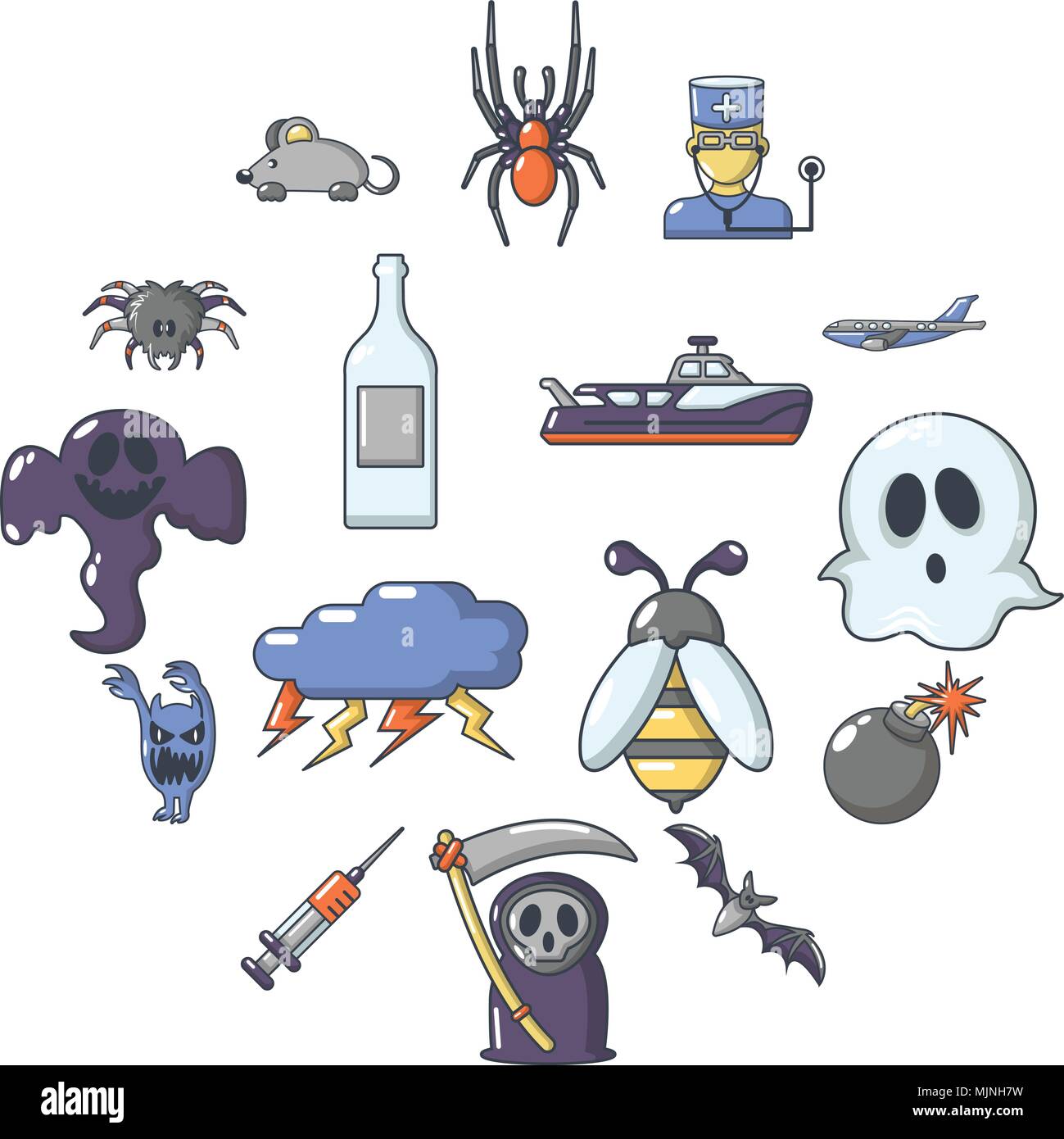 Miedos fobias, conjunto de iconos de estilo de dibujos animados Imagen ...